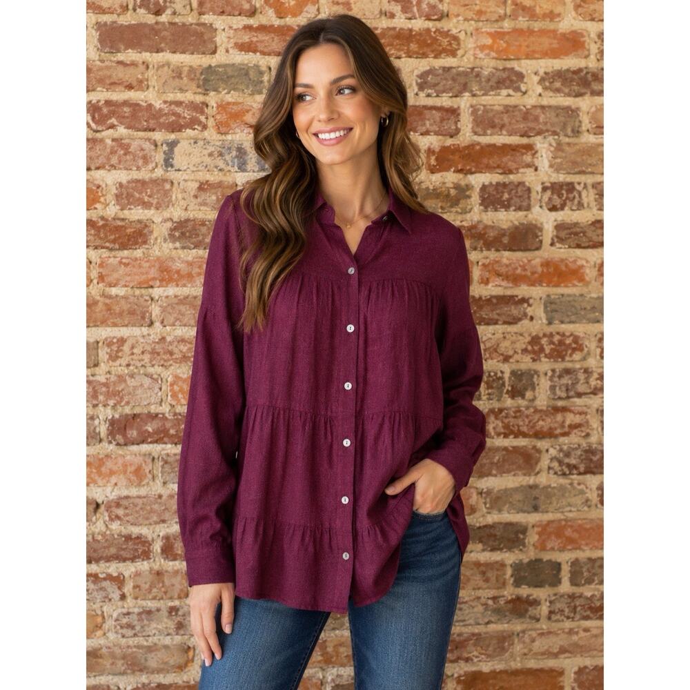 J. Jill Burgundy Sz M Tiered Collared Long Sleeve Blouse Peasant Cottage Luxury